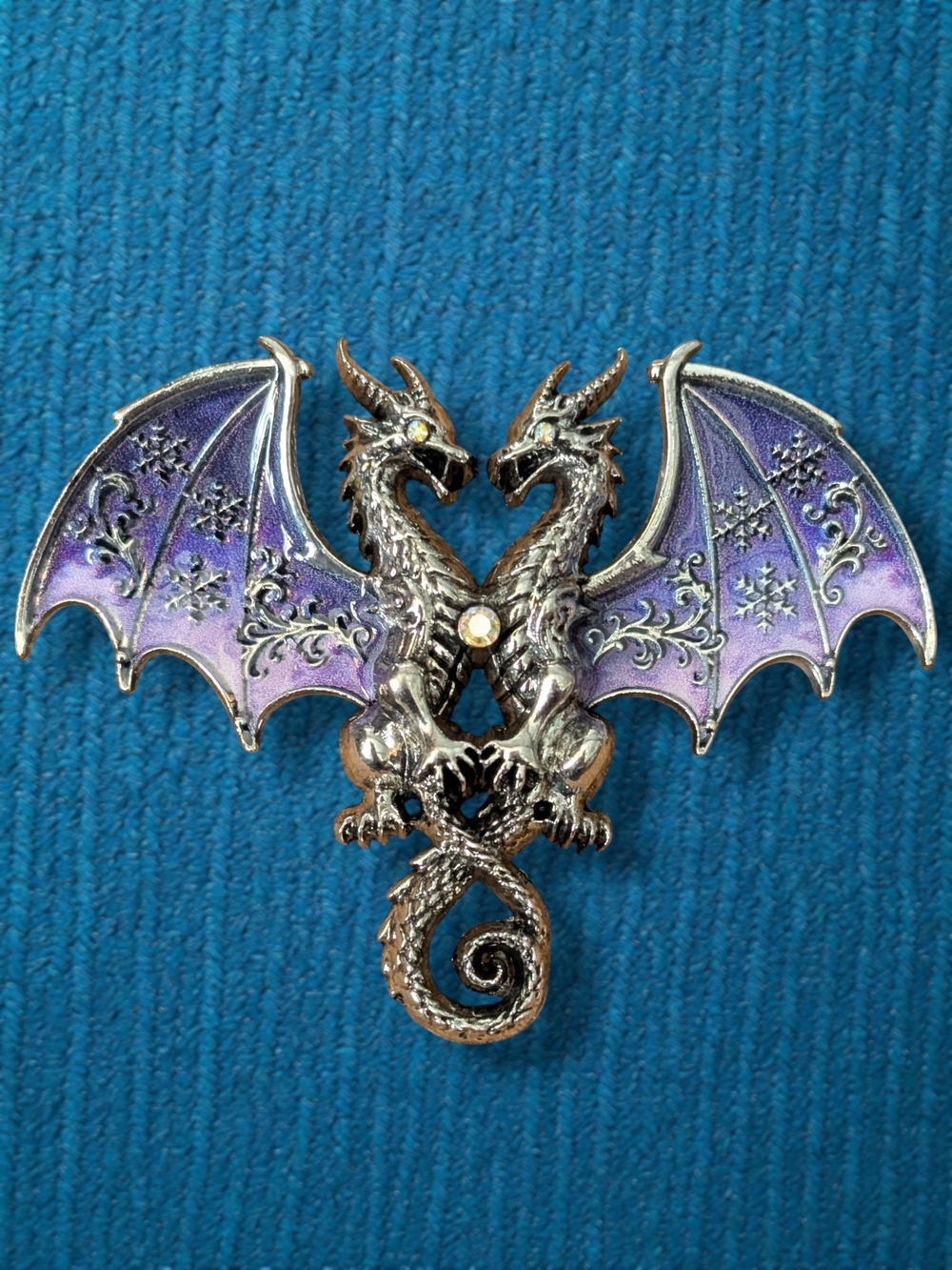 Double Dragon Brooch with Purple Enamel Wings